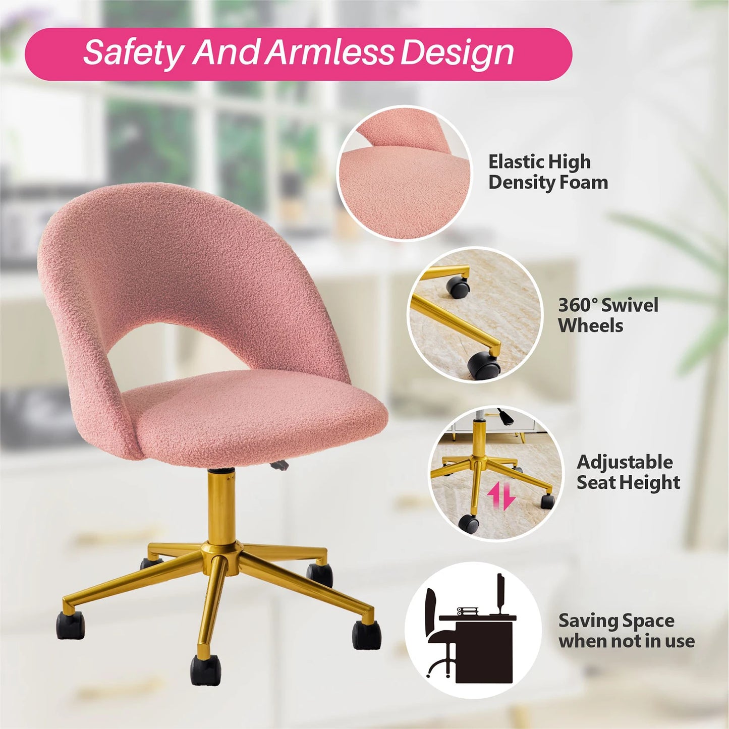 Redlife Velvet Desk Vanity Chair with Gold Wheels