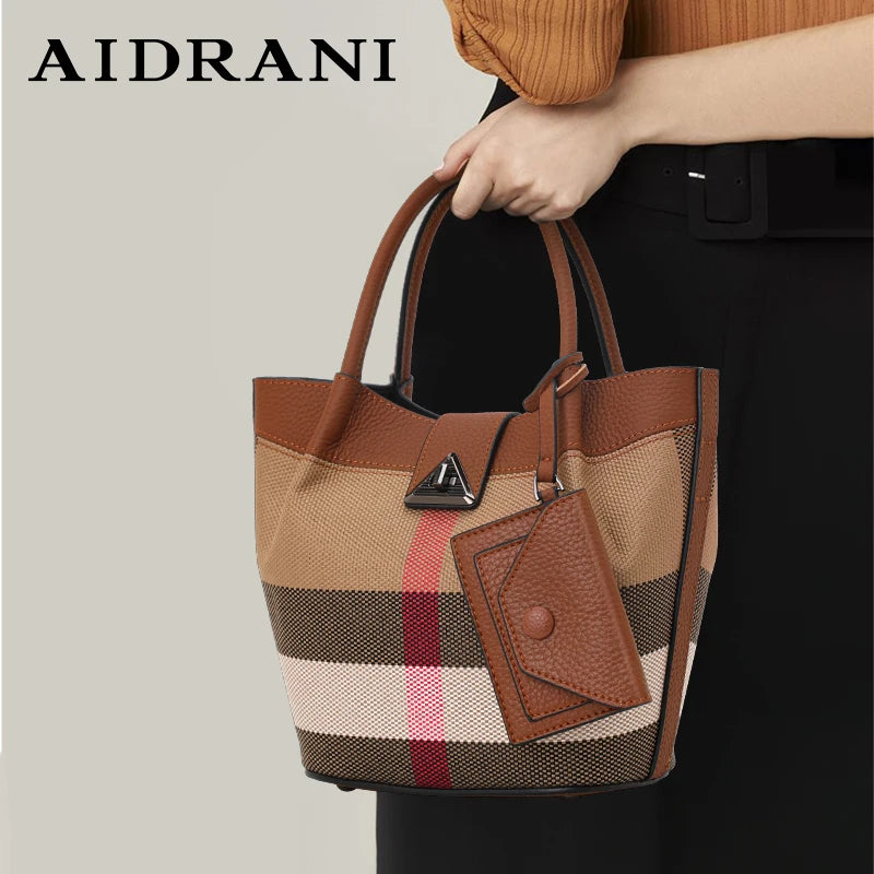 Genuine Leather Canvas Bag Plaid Pattern Women's