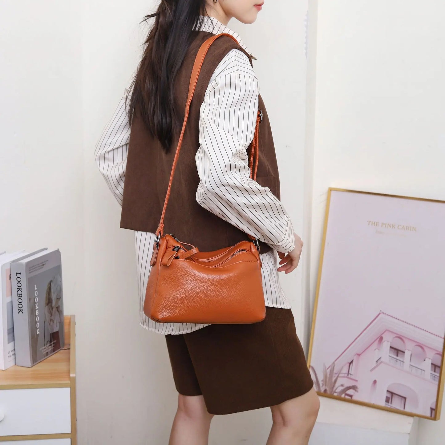 Women's Genuine Leather Crossbody Bag, Organizer Tote,
