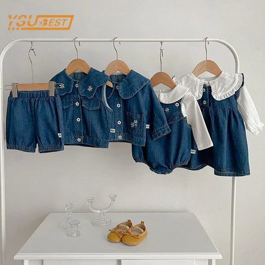 2 Pcs Lapel Denim Baby Girl Romper Set