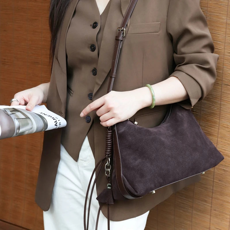 Suede Genuine Leather Crescent Shoulder Bags For Women