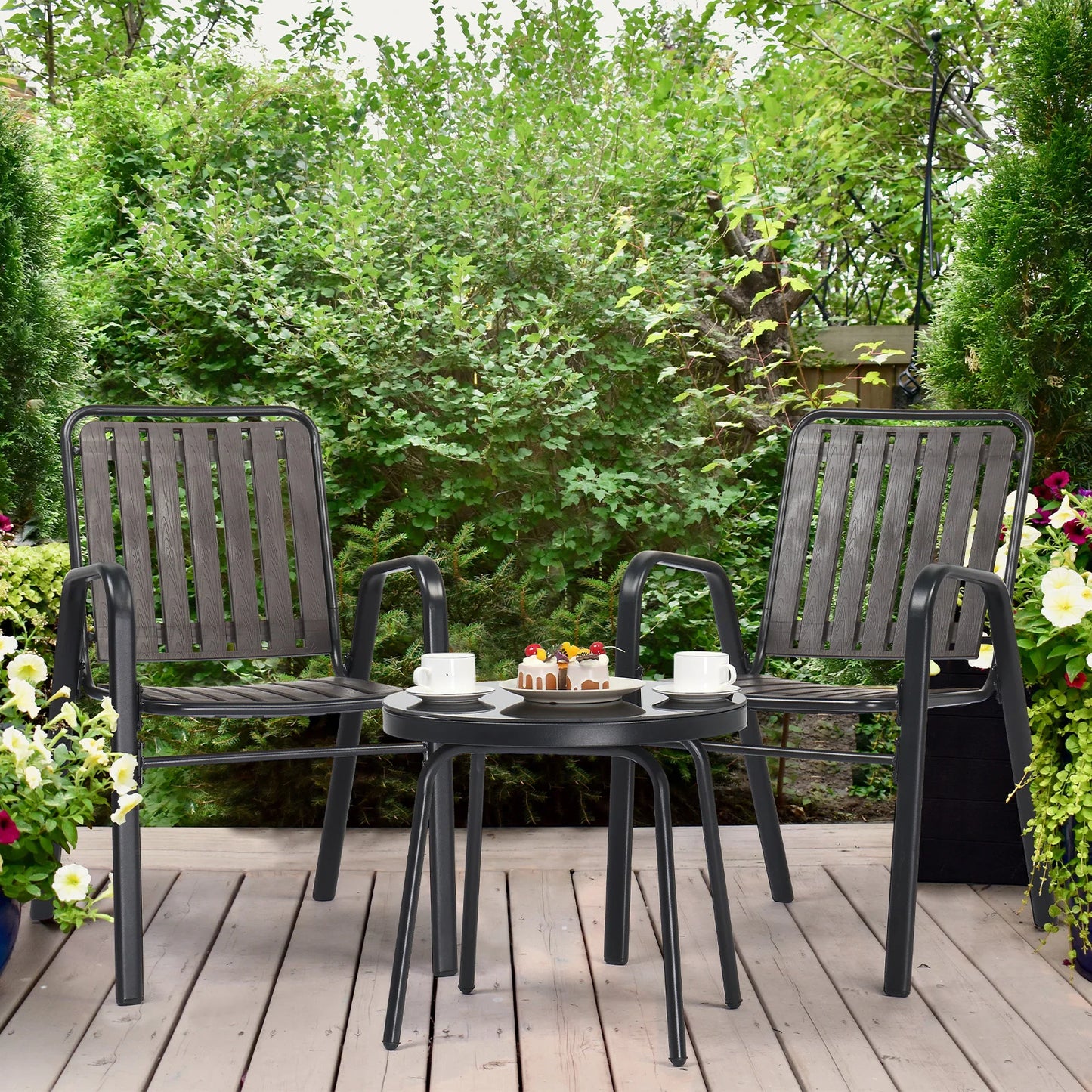 3-Piece Patio Bistro Table, with 2 Stackable Chairs