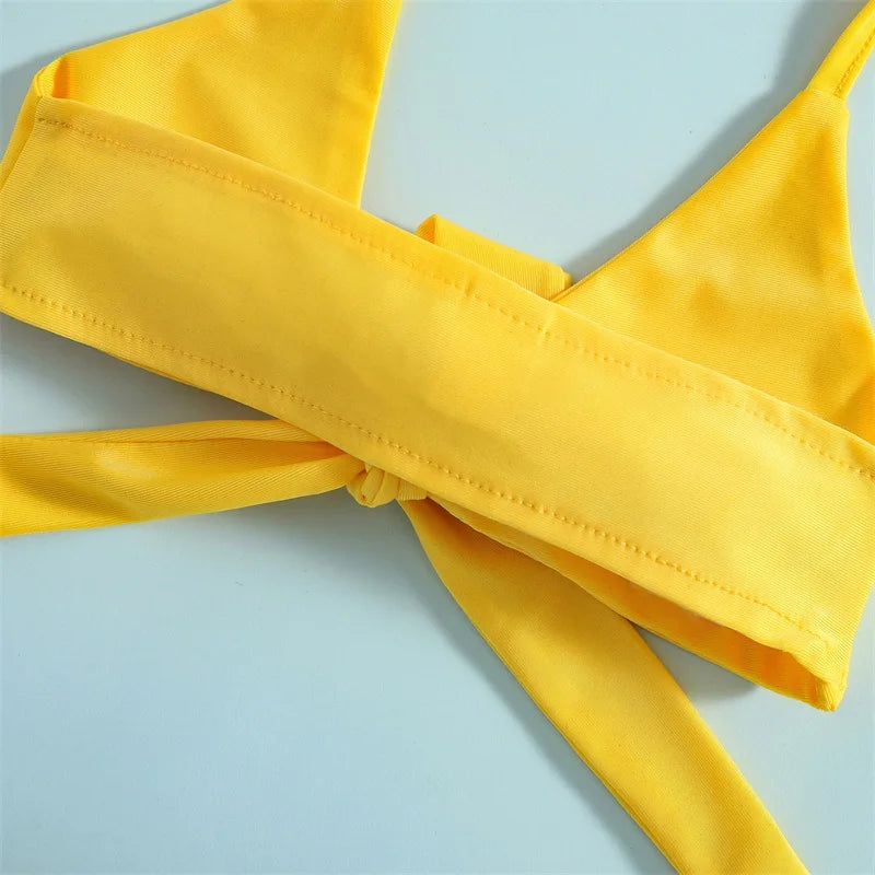 2pcs Bikini Sets Halter Bowknot Tops Floral Ruffle