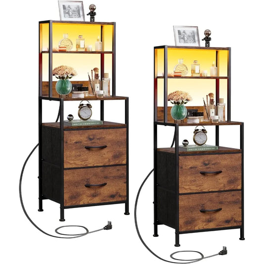 2 Nightstands with Charging Station 2 Drawers