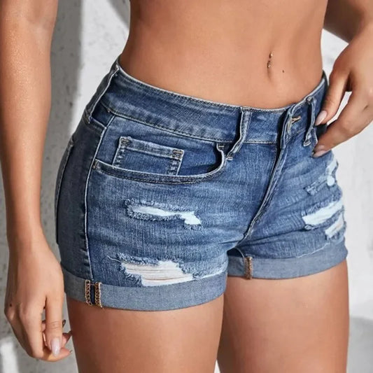 Women's Split Denim Mid Waist Curled Shorts