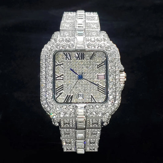 Mens Luxury Diamond Fashion Square Stainless Steel