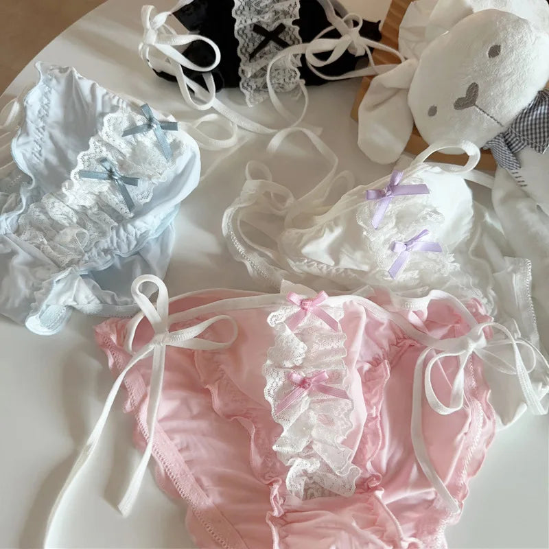 4 Pcs Young Girl Middle Waist  Lace Briefs Underwear Teenage