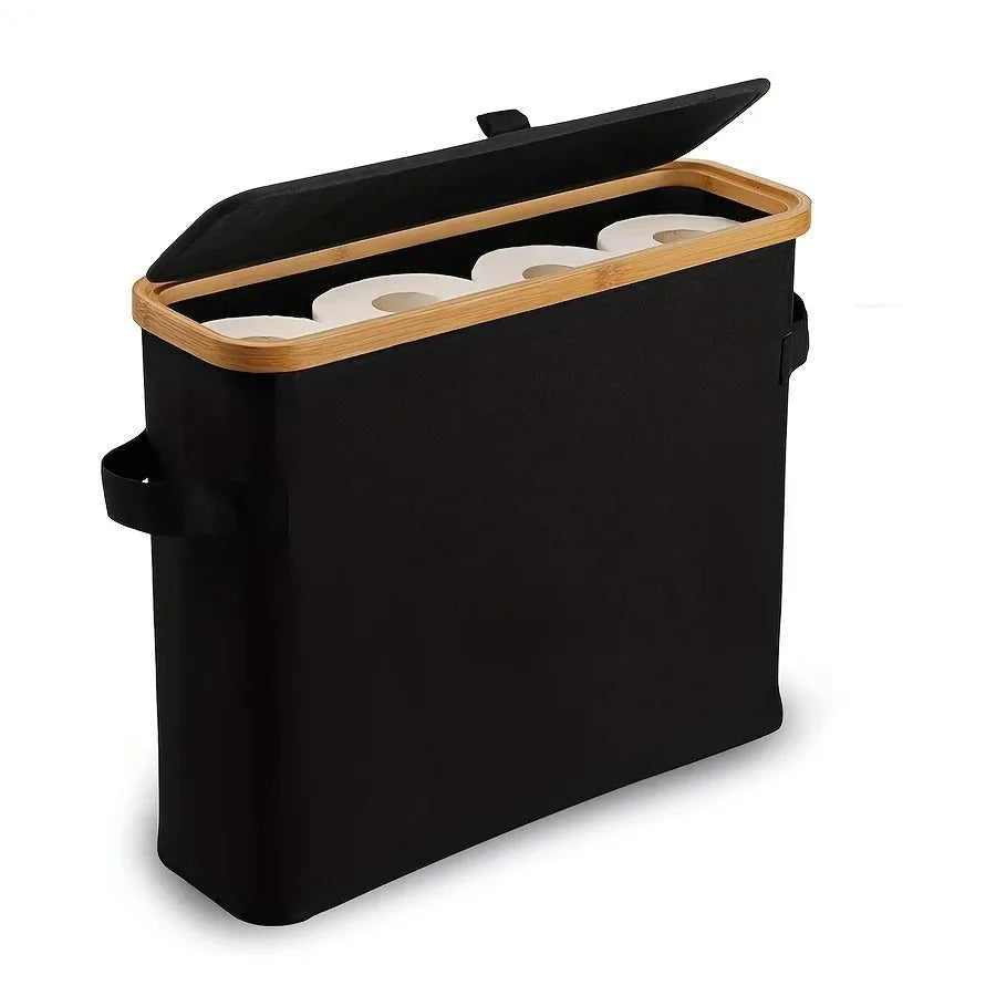 Bamboo toilet paper holder with lid organizer
