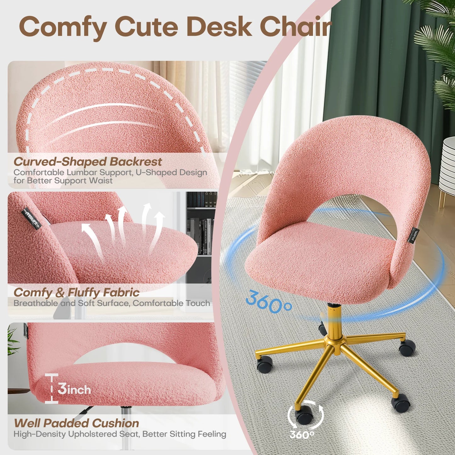 Redlife Velvet Desk Vanity Chair with Gold Wheels