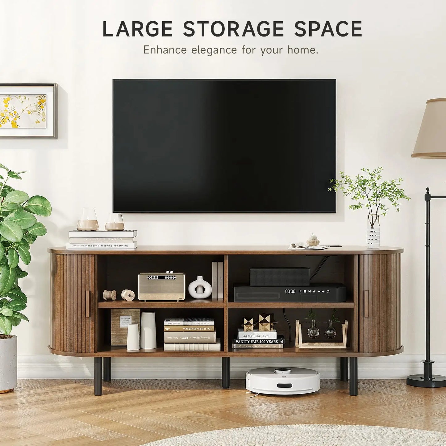 TV Table with Sliding Doors Adjustable Shelves