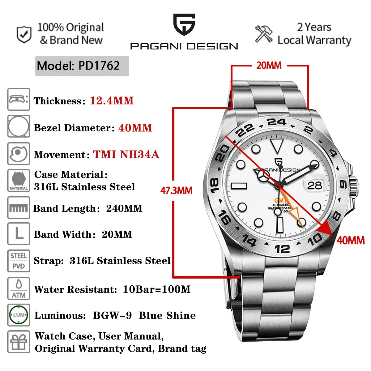 PAGANI DESIGN Men's GMT Stainless Steel Sport