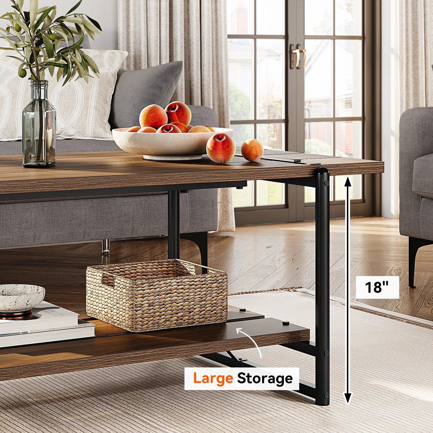 2-Tier Wood Farmhouse Coffee Table with Storage Shelf