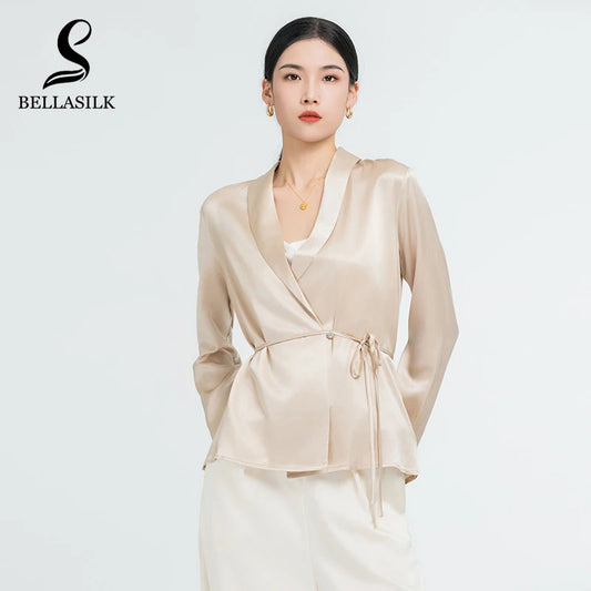 Real Silk Woman Blouses Lace-Up V-Neck