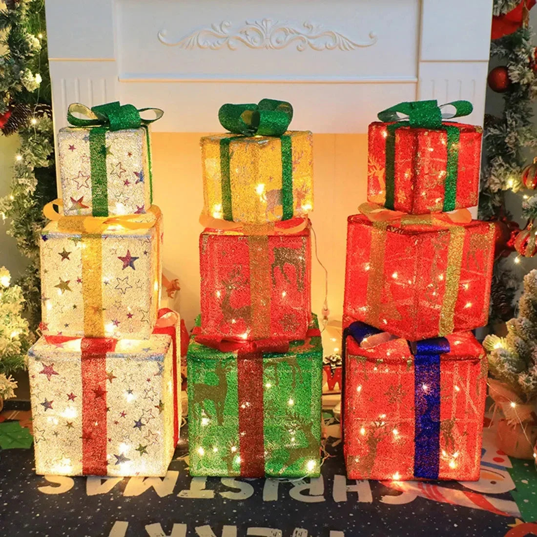 3Pcs Christmas Gift Box Decoration with Glowing Bow