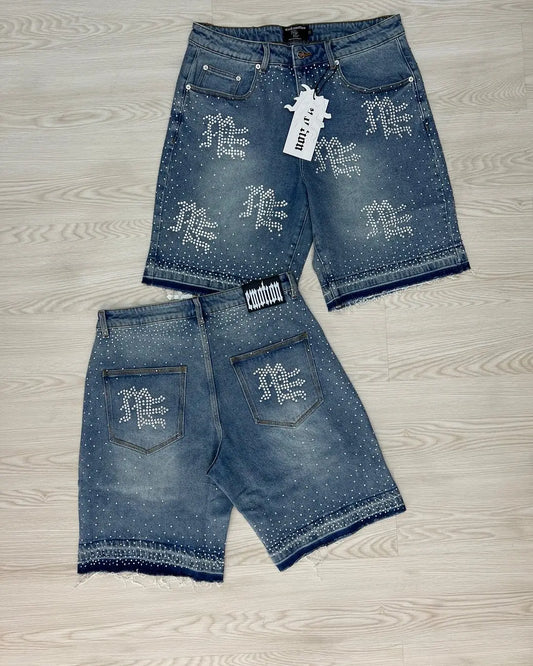 Men Woman Rhinestone Sequin Denim Shorts
