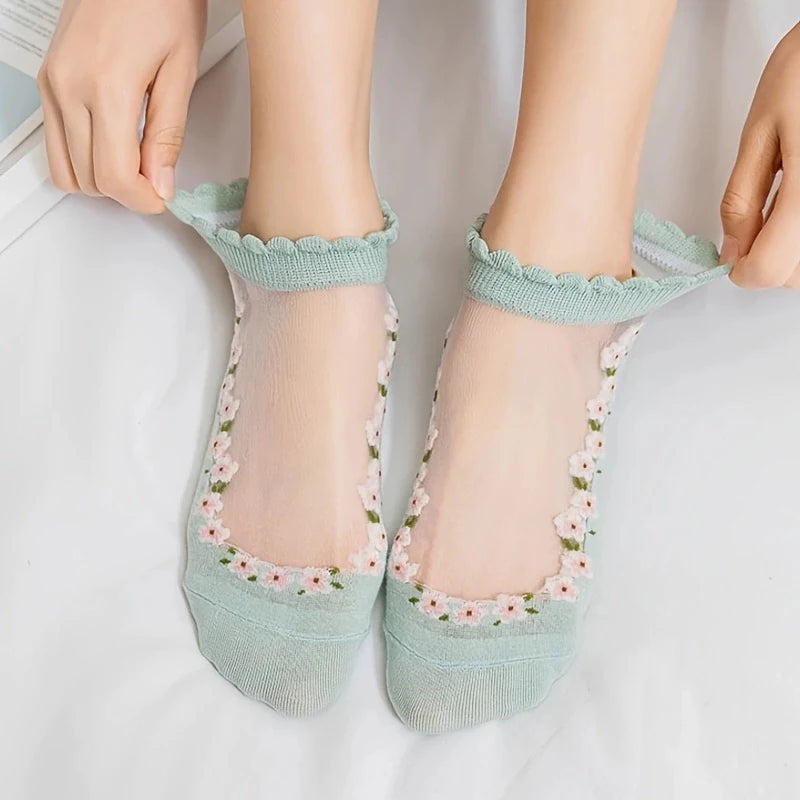 7 pairs floral silk women's socks