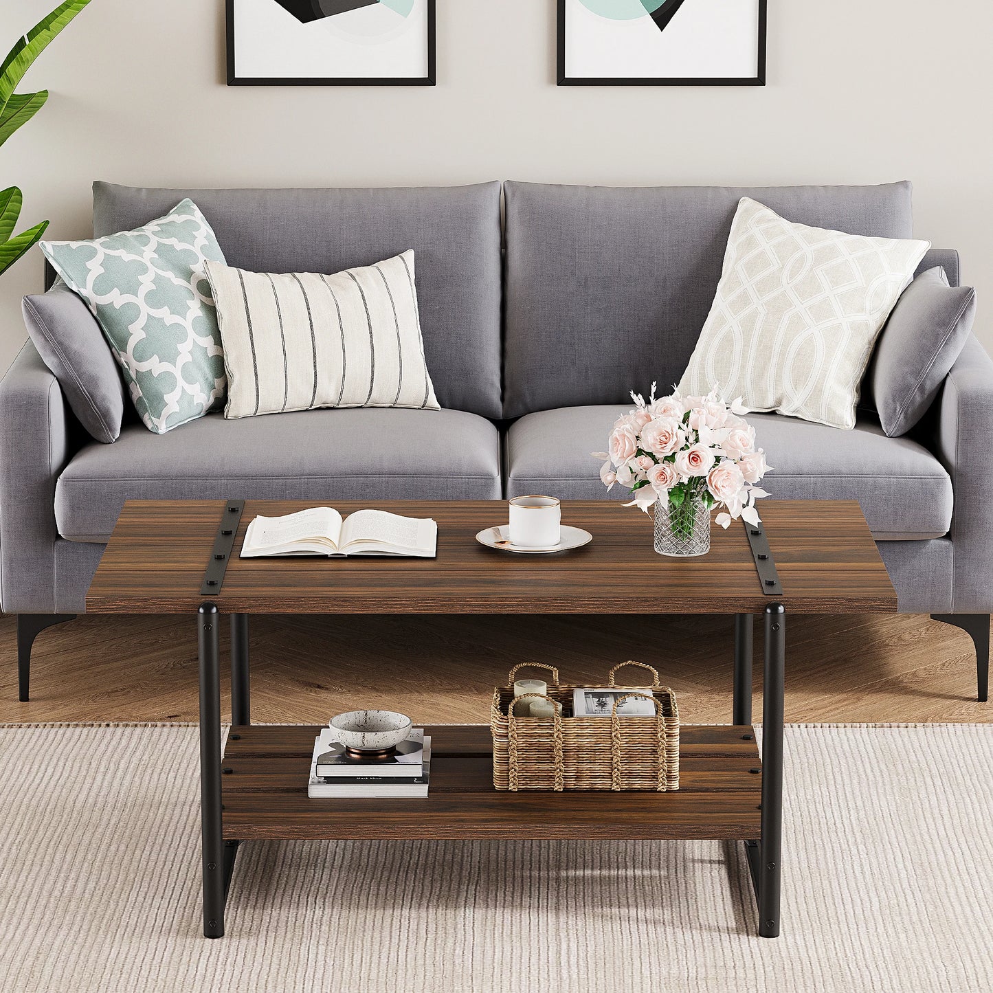 2-Tier Wood Farmhouse Coffee Table with Storage Shelf