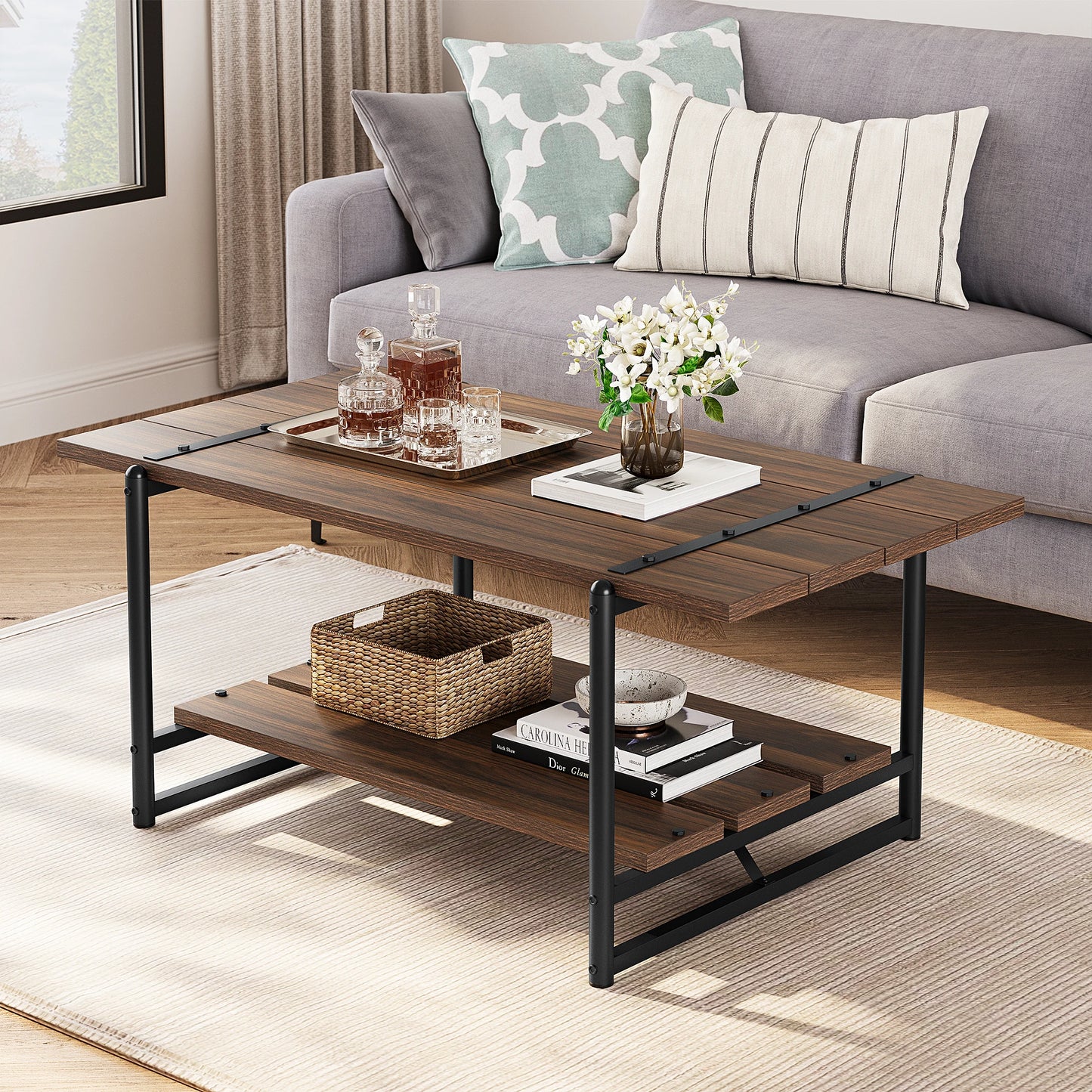 2-Tier Wood Farmhouse Coffee Table with Storage Shelf