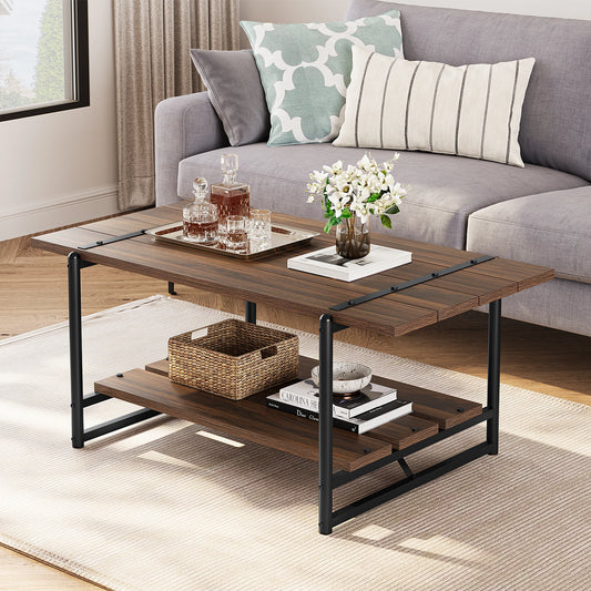 2-Tier Wood Farmhouse Coffee Table with Storage Shelf