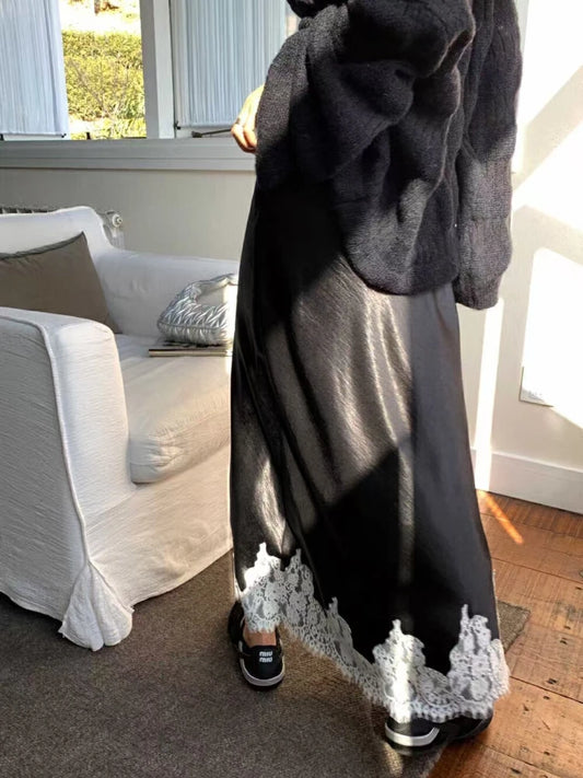 Satin Lace Patchwork Midi Skirt Elegant Women
