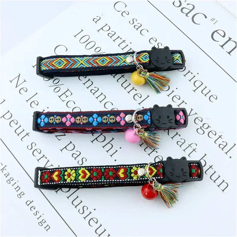 Adjustable cat collar with tassels and bells