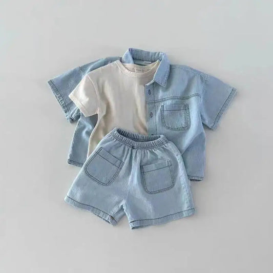 2 Pcs Denim Shirts + Shorts, Short Sleeve