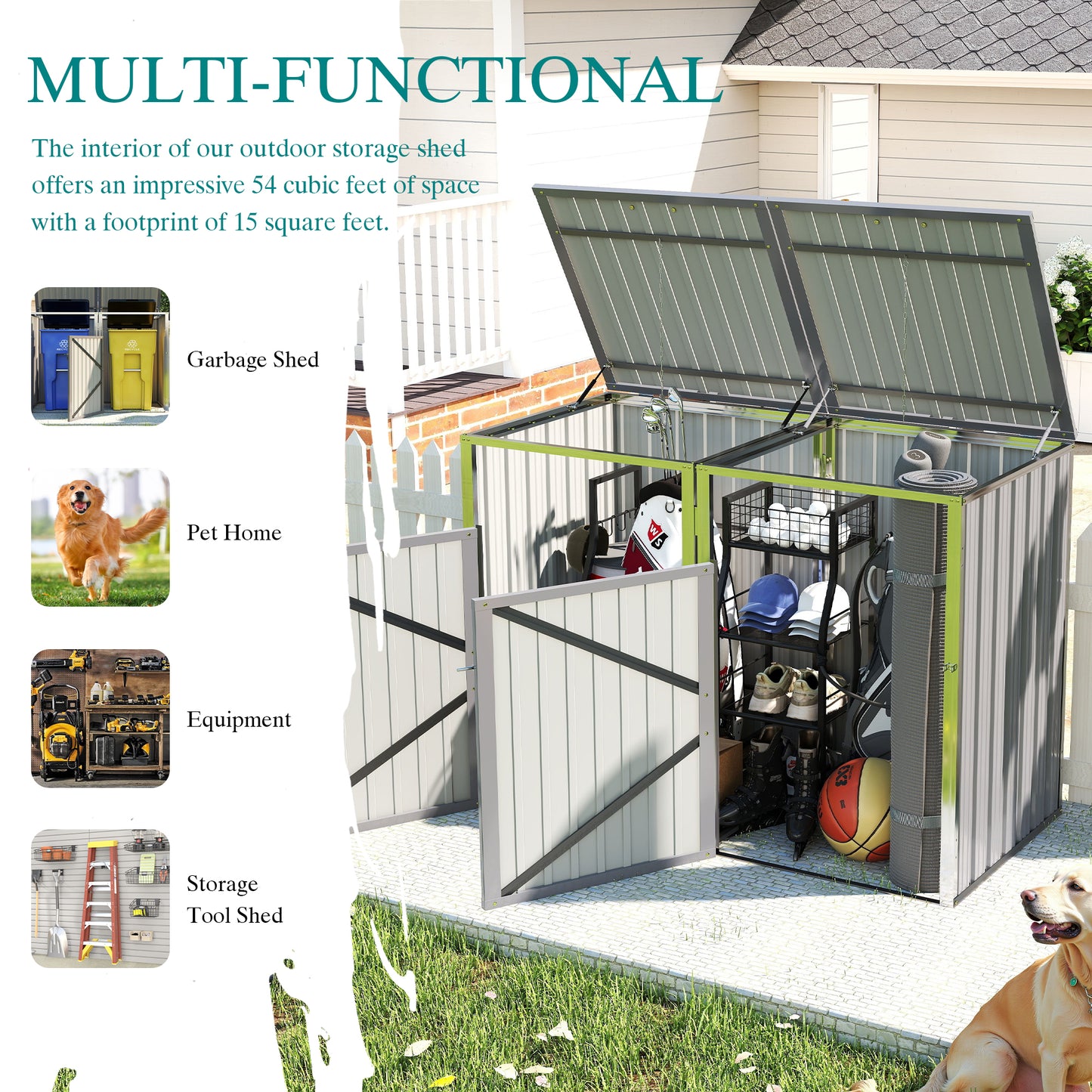Outdoor Garbage Bin Shed with 54 cu ft Storage, Stainless Galvanized Steel, Grey, for Garden Yard Use
