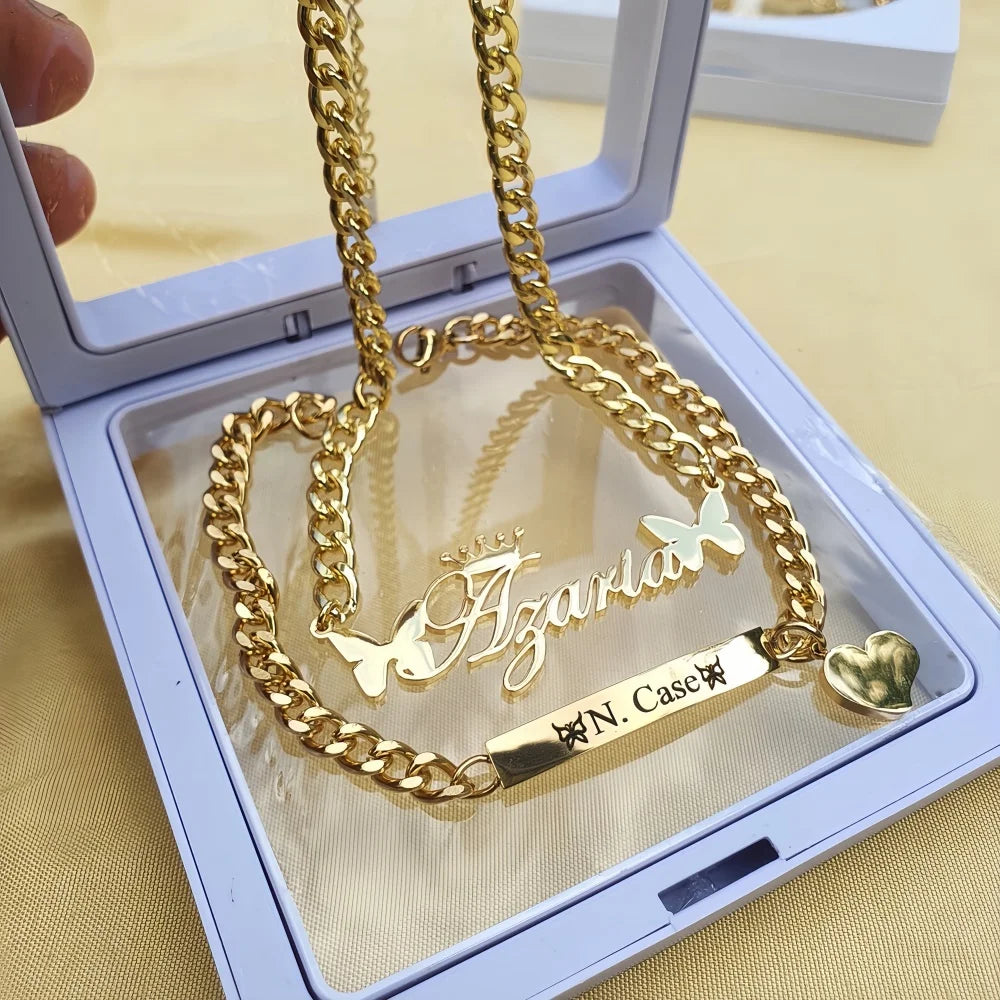 Engraved Name Bar Bracelet Butterfly Necklace