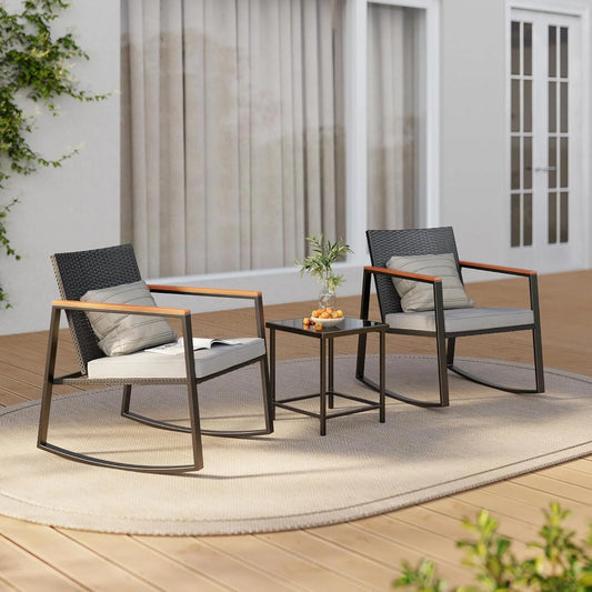 3 Pieces Rocking Patio Bistro Set with Anti-Scald Armrest