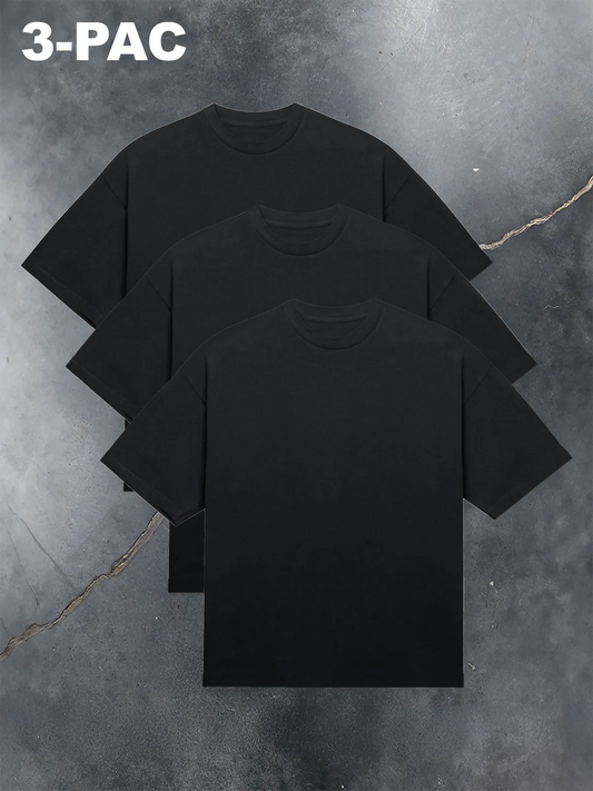 3 Piece Black Cotton Short Sleeve Men's T Shirt Set