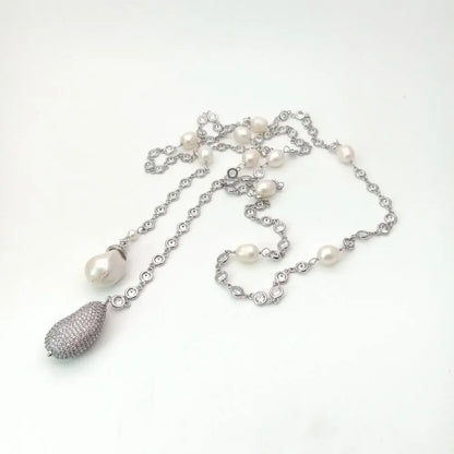 49" White Keshi Pearl  cubic zirconia Chain silver