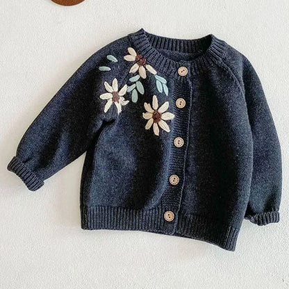 Girls Solid Color Knitted Cardigan Long Sleeves