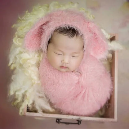 Vintage Knit Stretch Fuzzy Wrap And Bunny Hat