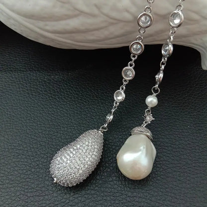 49" White Keshi Pearl  cubic zirconia Chain silver