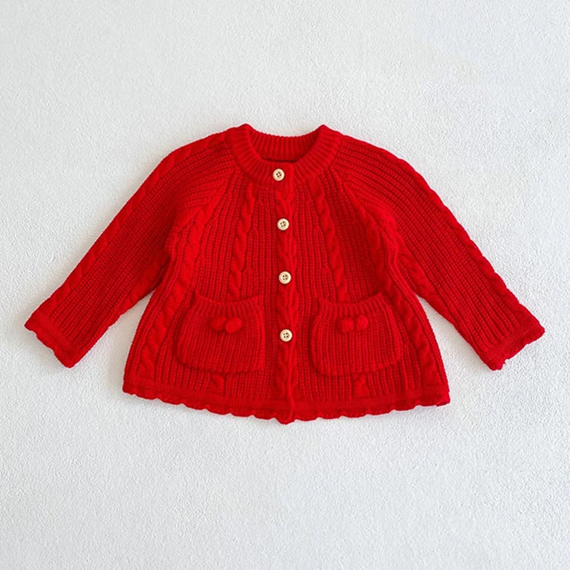 Girls Solid Color Knitted Cardigan Long Sleeves
