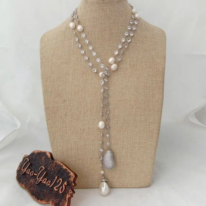 49" White Keshi Pearl  cubic zirconia Chain silver