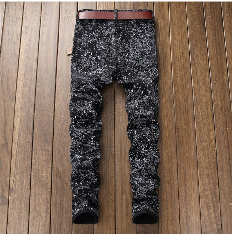 Men's slim black printed jeans Fashion stretch
