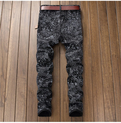 Men's slim black printed jeans Fashion stretch