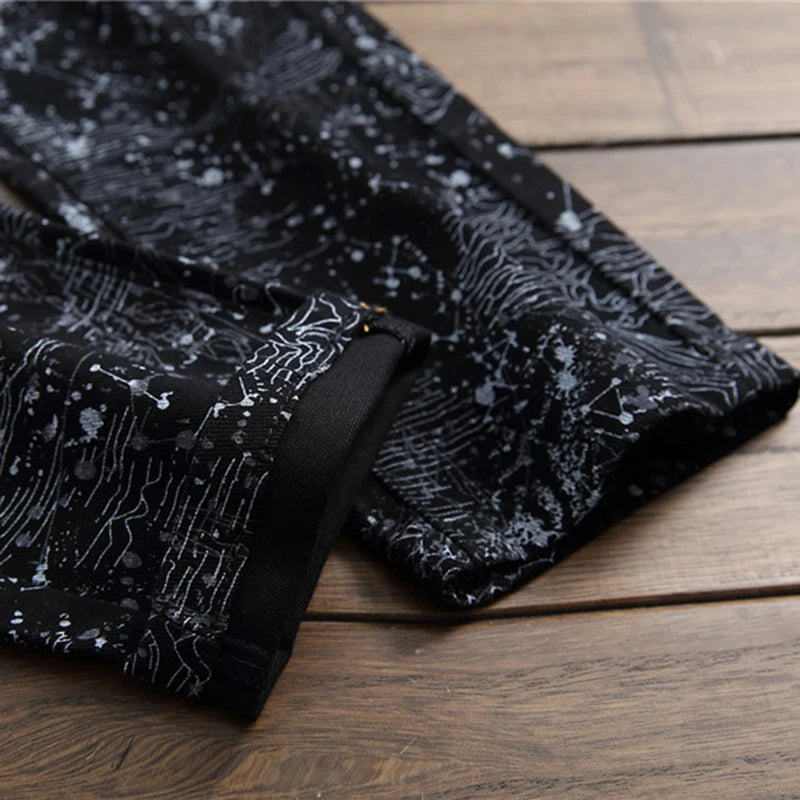 Men's slim black printed jeans Fashion stretch