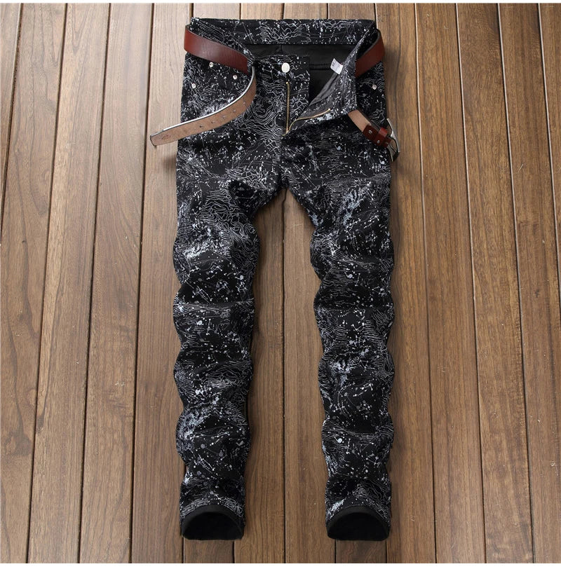 Men's slim black printed jeans Fashion stretch