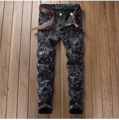 Men's slim black printed jeans Fashion stretch