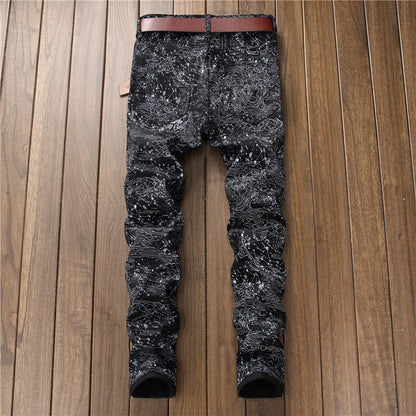 Men's slim black printed jeans Fashion stretch