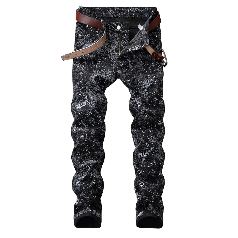 Men's slim black printed jeans Fashion stretch