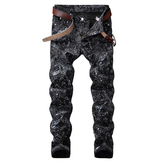 Men's slim black printed jeans Fashion stretch