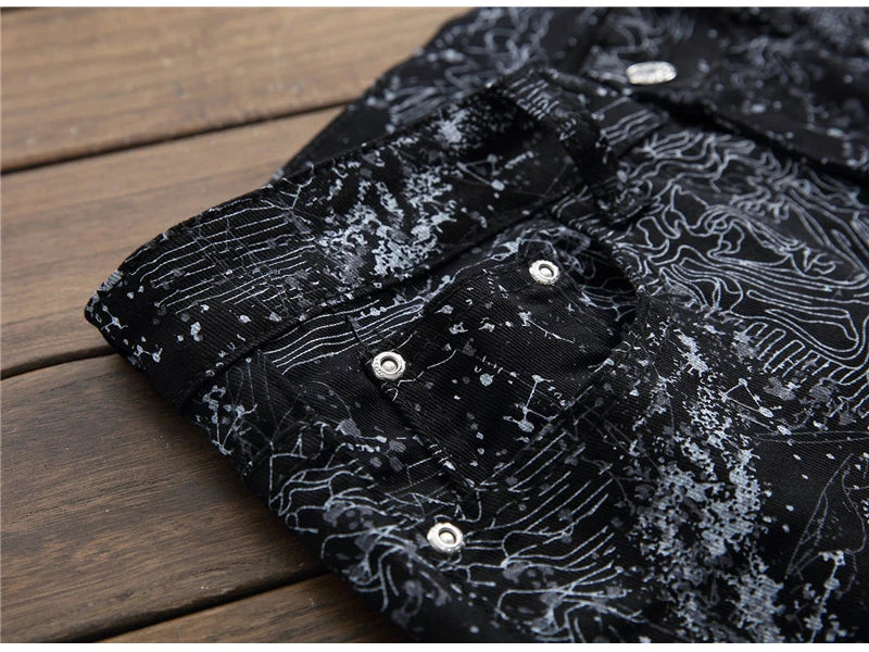 Men's slim black printed jeans Fashion stretch