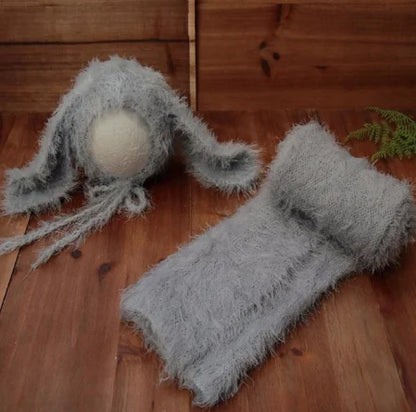 Vintage Knit Stretch Fuzzy Wrap And Bunny Hat