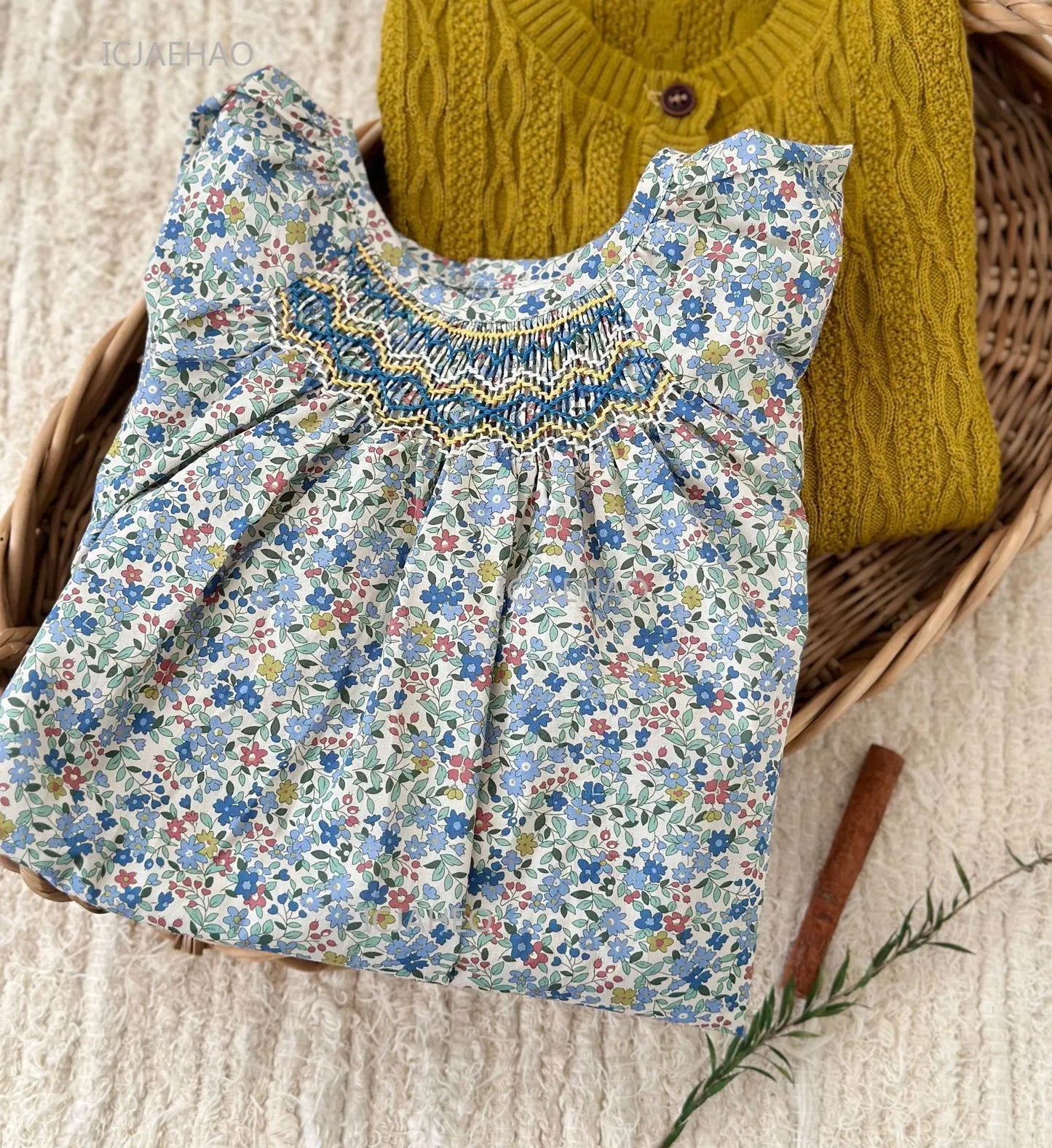 Girls Printed Hand Smocked Blouse Cotton Shirt