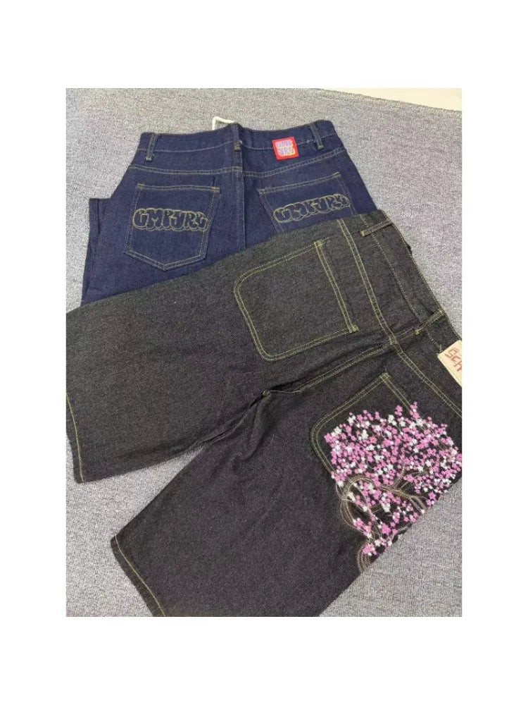 Embroidered Straight Short Denim Wide-Leg Jeans