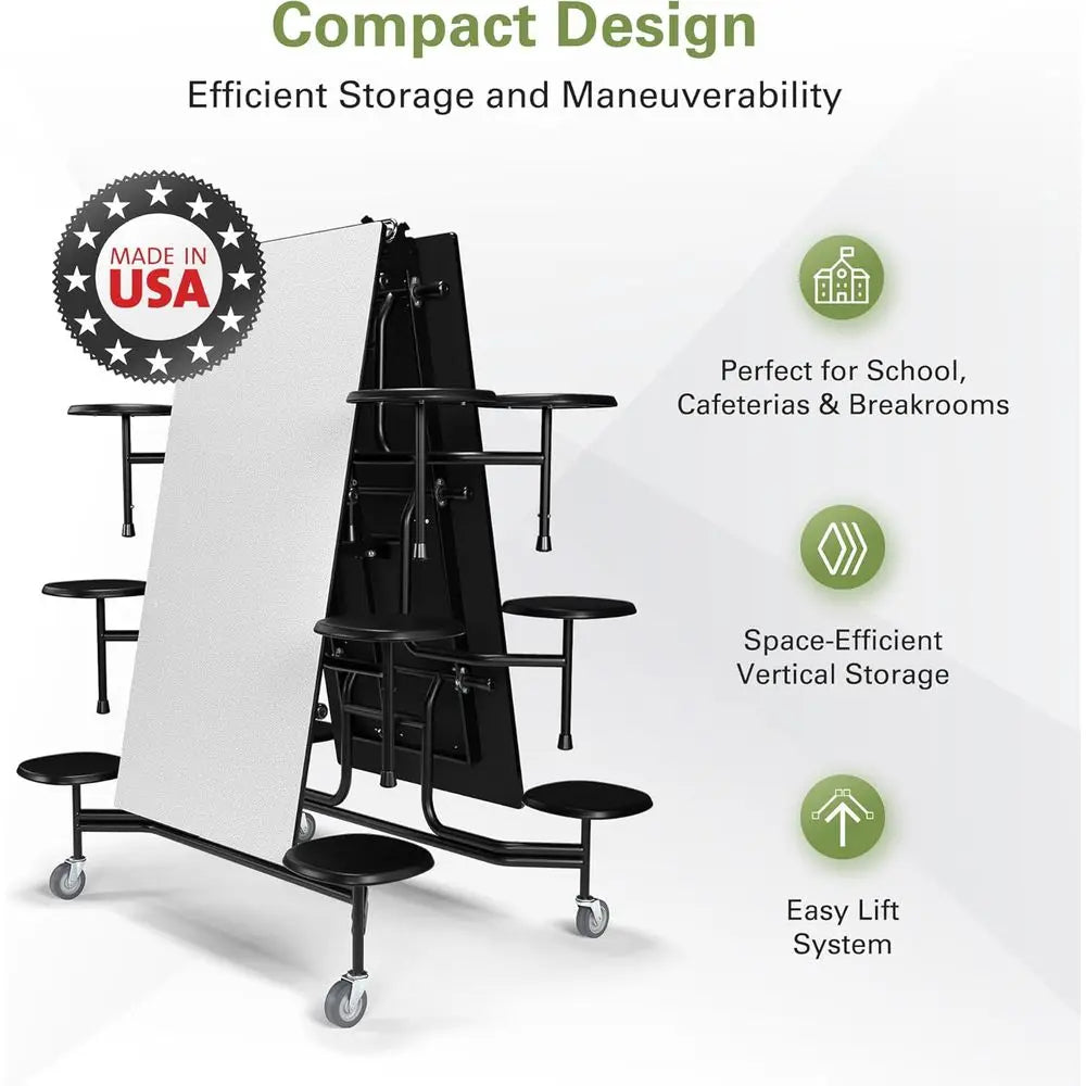 Long Casters Table with 12 Attached Stools, Commercial Quality