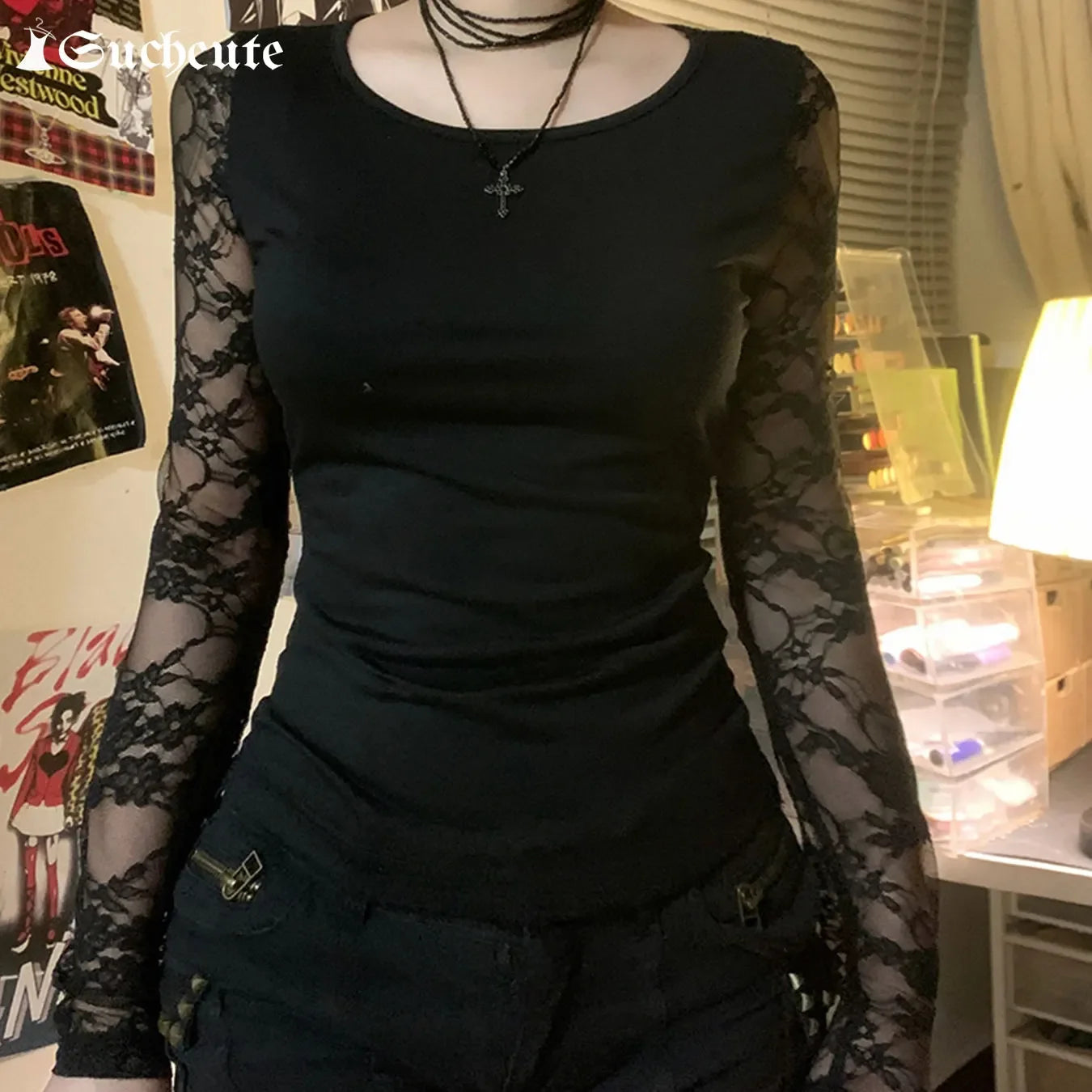Black Gothic T-shirt For Women Club Lace